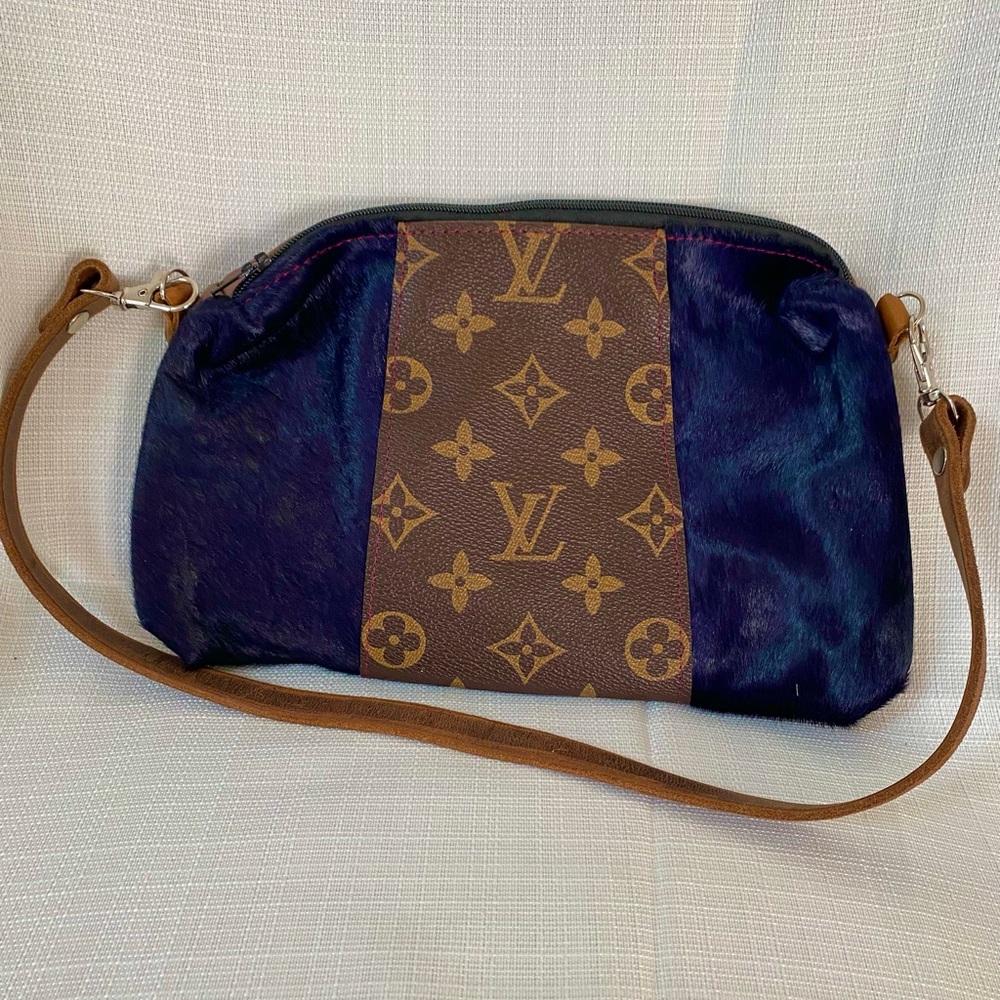 Brown and Blue Pony Hair Shoulder Purse Handbag, Repurposed Bag